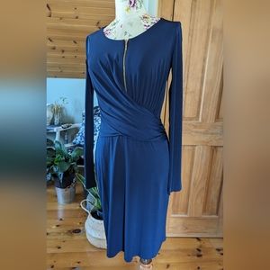 Anne Klein Navy Blue Long Sleeve Faux-Wrap Midi Dress